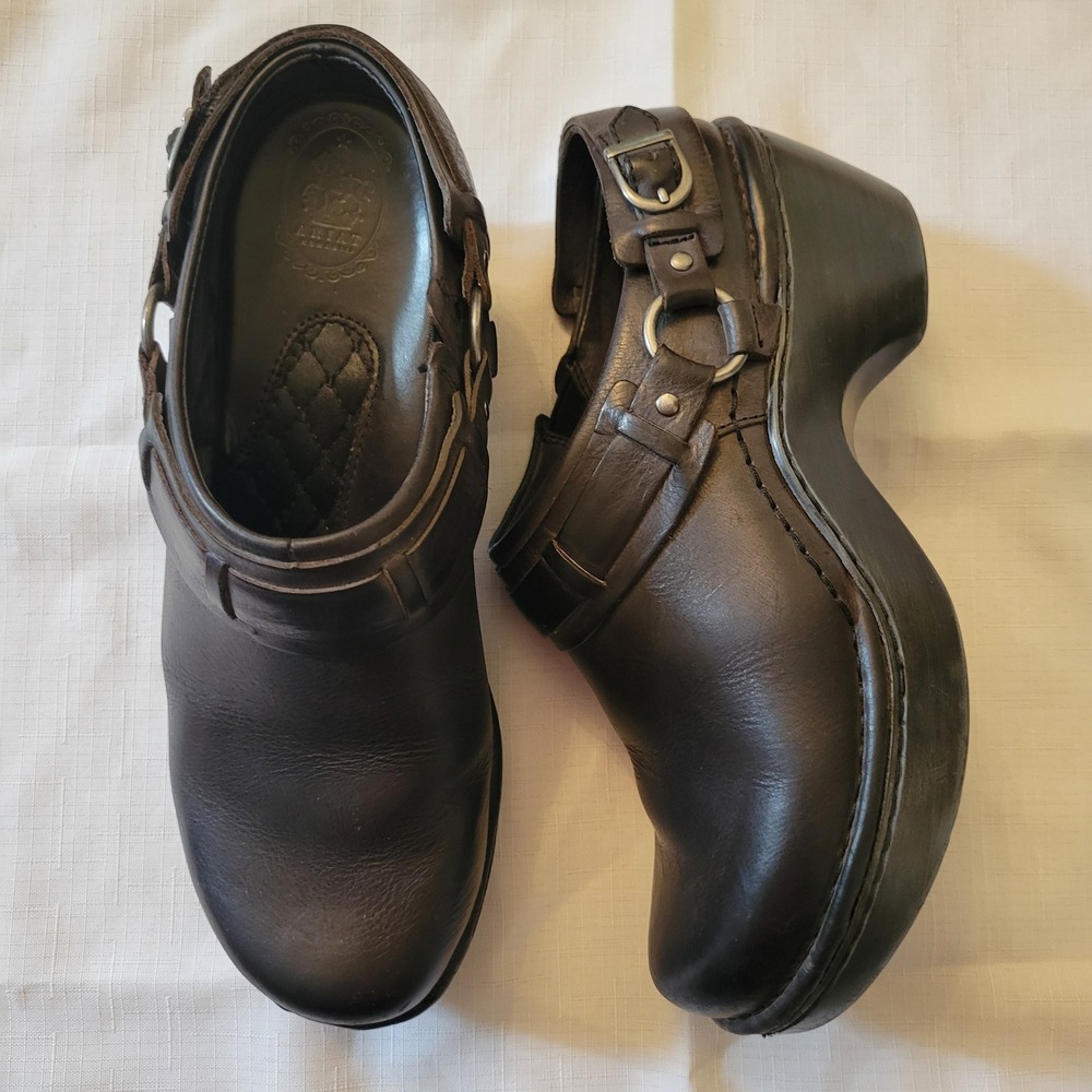 Ariat 9.5B Clogs Brown Leather Harness Platform Mules Western Moto ABBERLEY